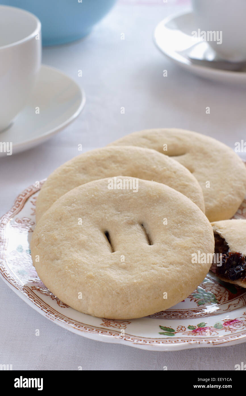 Chorley Kuchen sind flache Gebäck gefüllt mit getrockneten Früchten aus der Stadt Chorley in England Stockfoto