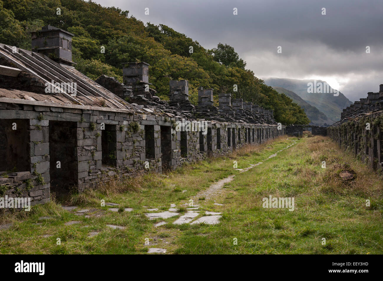 Anglesey barracks in Dinorwig Steinbruch. Stimmungsvolle Aufnahme dieser Schiefer gebaut Ruinen, die einst für Gehäuse Arbeiter an die Schiefer-Steinbrüche. Stockfoto
