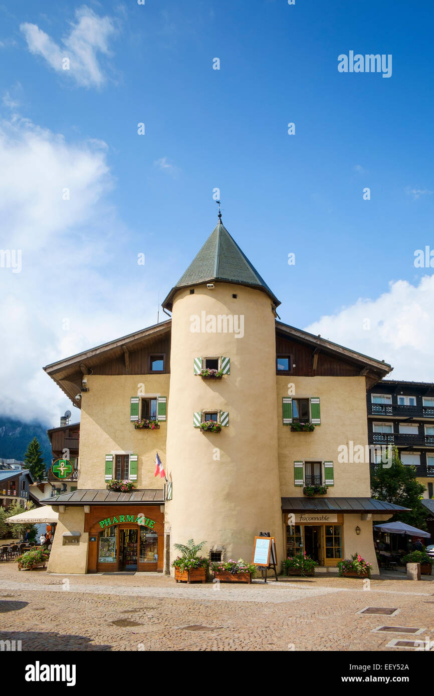Historisches Gebäude in der Stadt von Megève, Haute-Savoie, Französische Alpen, Frankreich Stockfoto