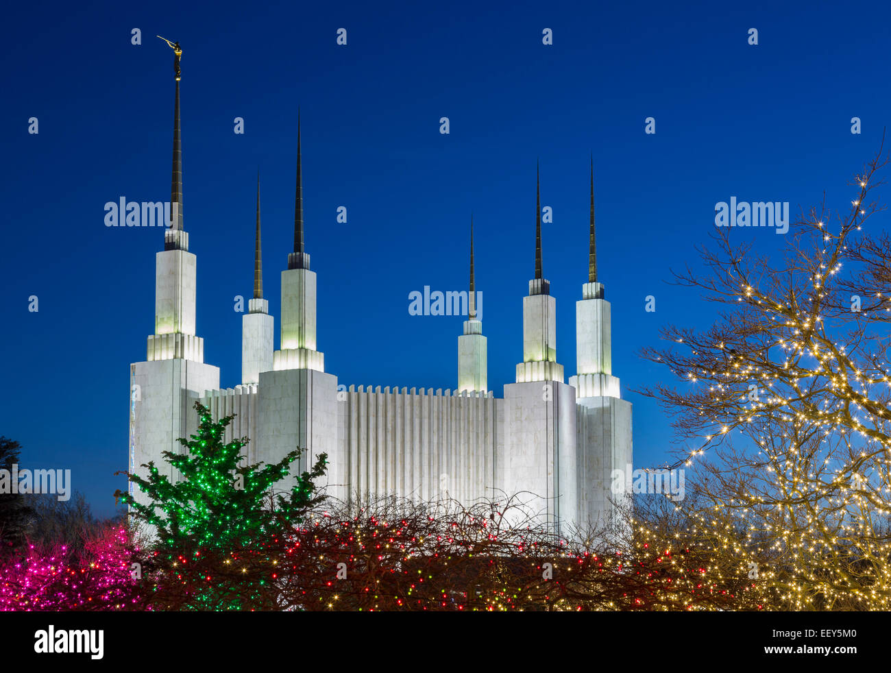 Weihnachtsbeleuchtung in Washington DC Tempel oder die Kirche von Jesus Christus von Heiligen in Kensington, Maryland, USA Stockfoto