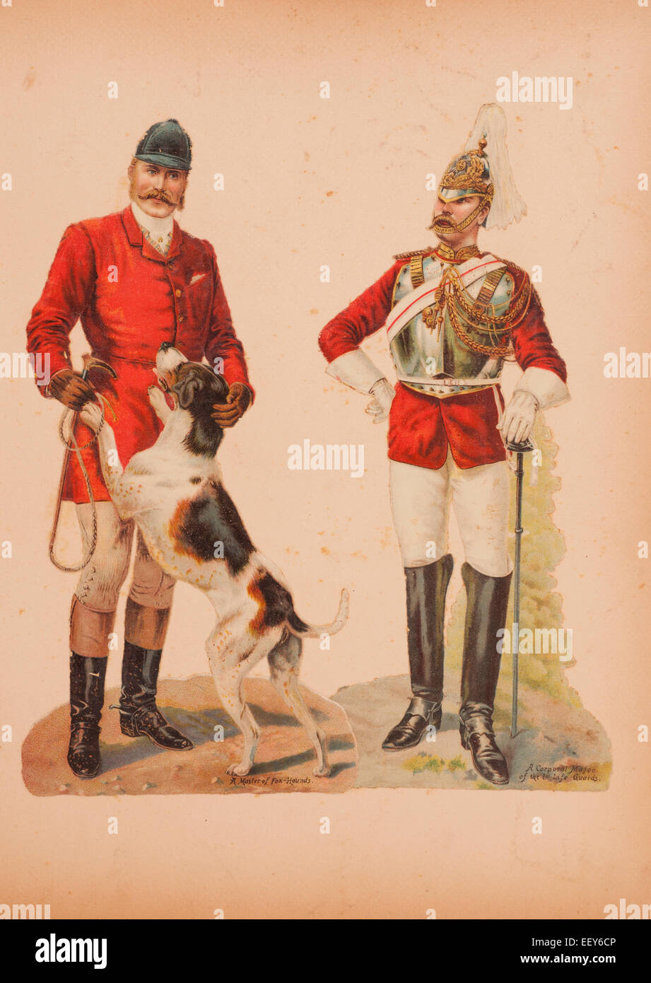 Antike gestanzt Soldat und Hunter Schrott Buch Aufkleber Hintergrund Stockfoto