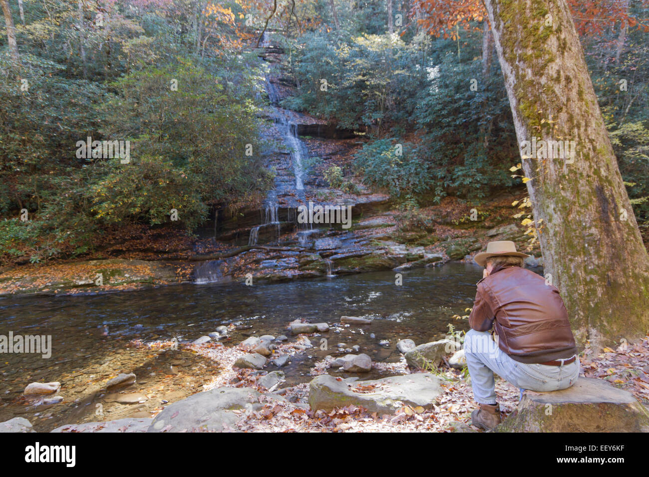 Ein Mann trägt eine Lederjacke und Aussie Hut sitzt auf einem Felsen mit Blick auf einen malerischen Wasserfall und Stream im Herbst Stockfoto