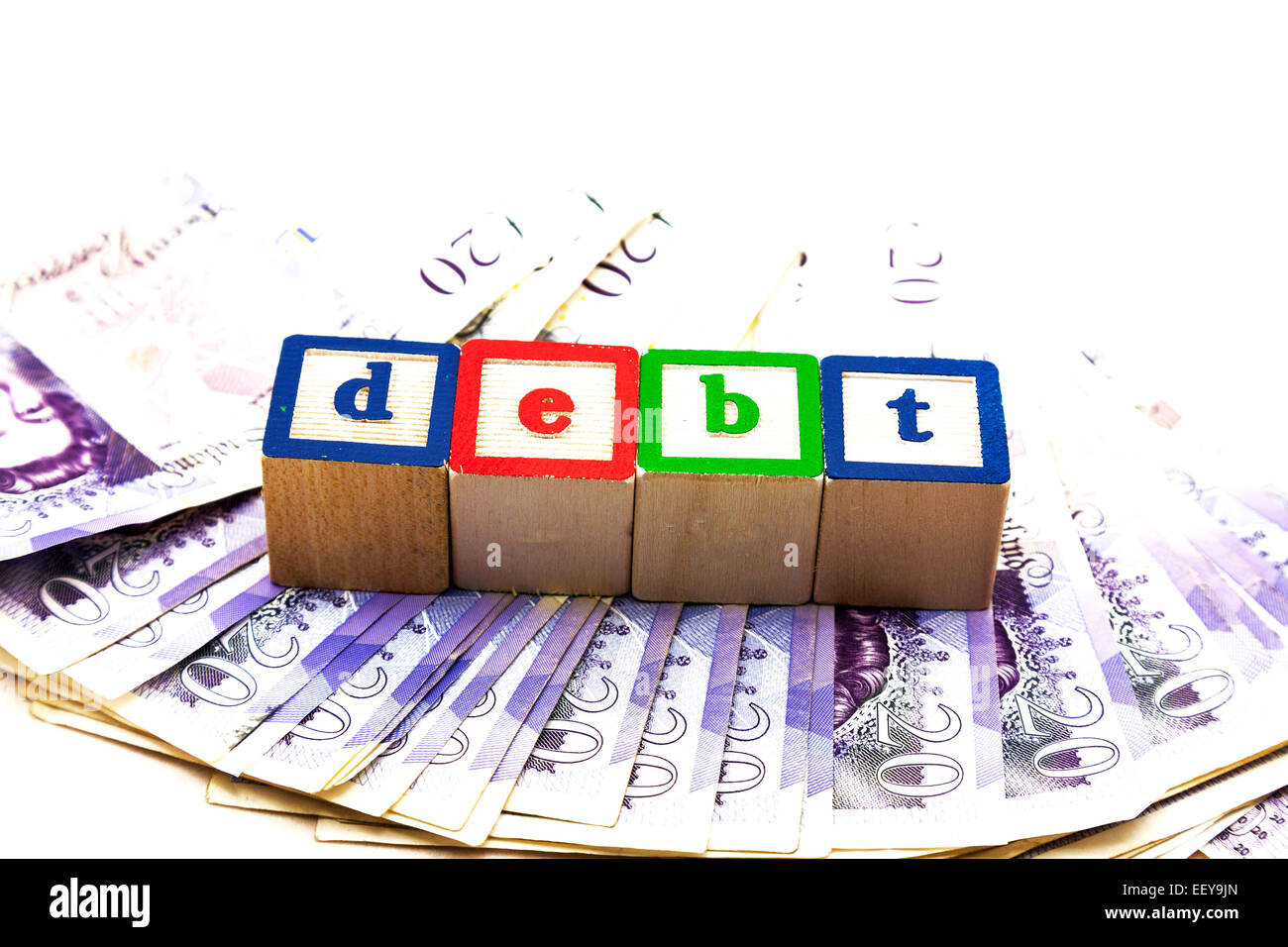 Schulden Geld Konzept Welt Schulden Kredit Darlehen skint Konkurs Insolvenz textfreiraum weißen Hintergrund ausschneiden Stockfoto