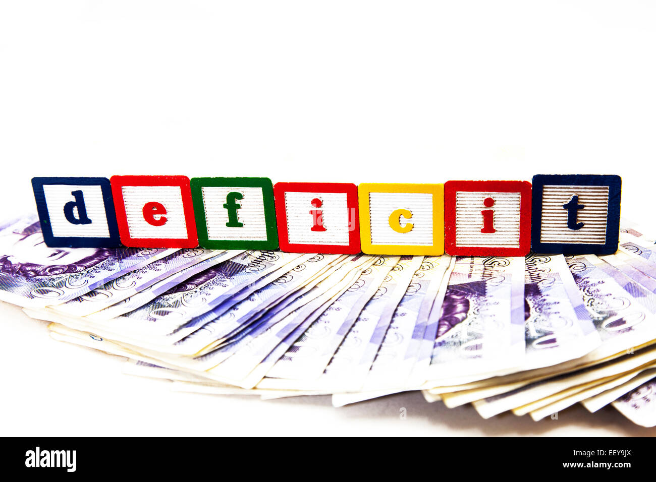 Defizit UK Geld Unterdeckung wegen Schulden Schulden Schulden Sparmaßnahmen textfreiraum weißen Hintergrund Bar Konzept Wort minus weniger ausgeschnitten Stockfoto