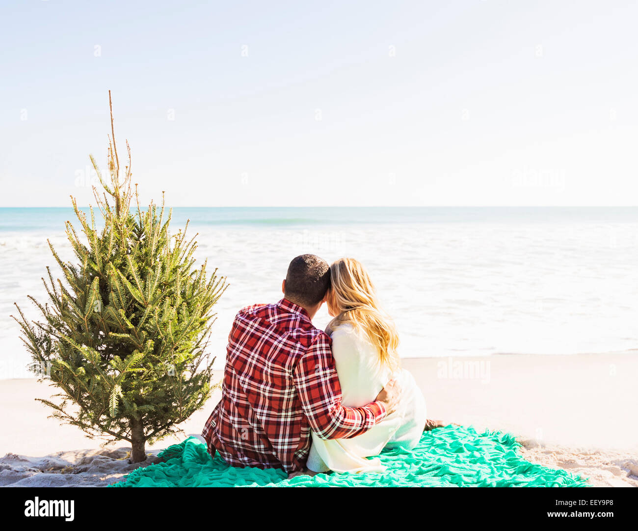 USA, Florida, Jupiter, liebend Paar sitzt am Strand mit Baum Stockfoto