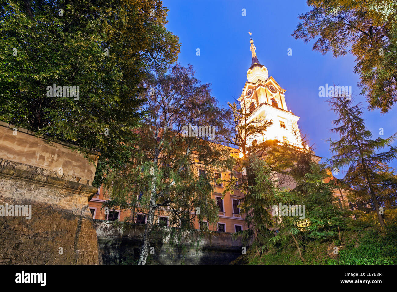 Polen, Podkarpackie, Rzeszow, beleuchtete Turmspitze Rzeszow Burg durch Bäume gesehen Stockfoto
