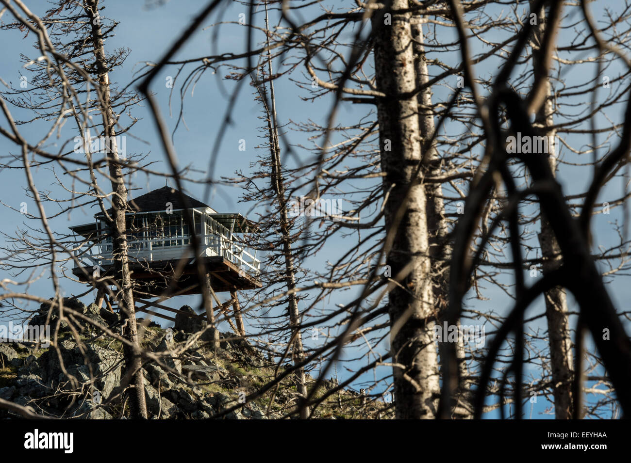 Aussicht von der Gird Point Lookout auf einem Berggipfel im Bitterroot National Forest in der Nähe von Hamilton, Montana, 19. Juni 2014. Ein 30-Zoll-Laufsteg rund um das Glas-getäfelten Zimmer bietet einen unverbauten Blick auf die umliegenden Bergketten Saphir, Bitterroot und Anaconda-Pintler. (Foto von Ami Vitale) Stockfoto