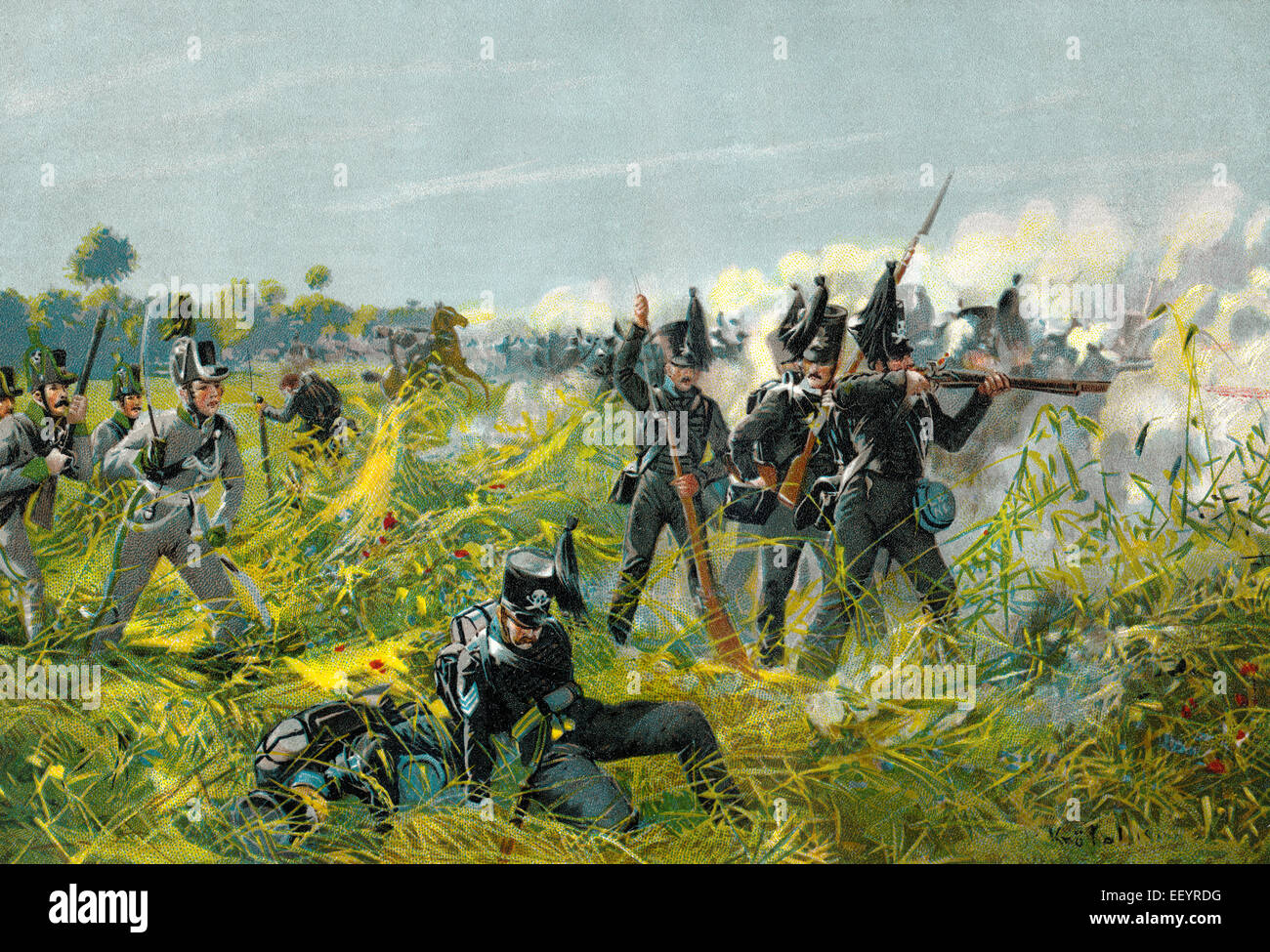 Die Schlacht von Quatre Bras, zwischen Wellingtons Anglo-niederländische Armee und dem Armée du Nord unter Marschall Michel Ney, Teil des Wat Stockfoto