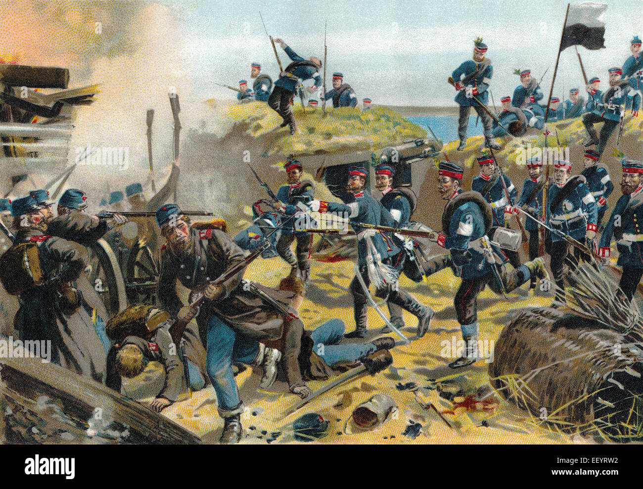 Die Schlacht von Dybbøl, eine Schlacht des zweiten Krieges Schleswig am Morgen des 18. April 1864, Stockfoto