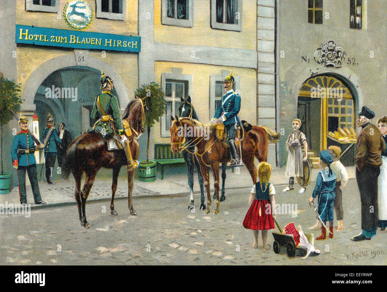 Deutsch montiert Gewehrschützen aus Preußen und Bayern, um 1900, Preußischer Und bayerischer Jäger Oder Meldereiter Zu Pferde um 1900 Stockfoto