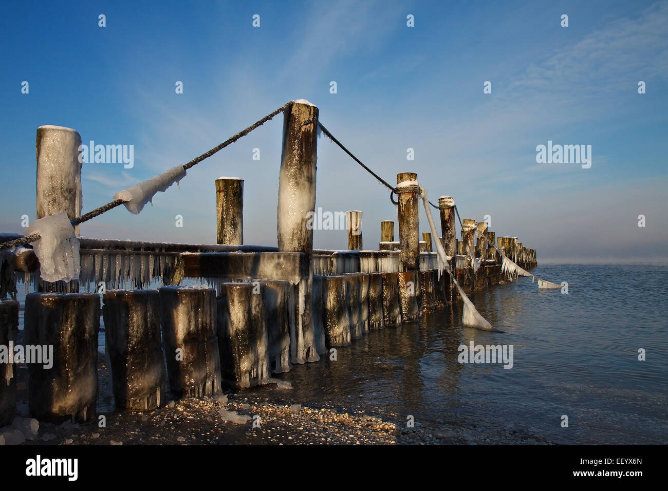 Gefrorene Wellenbrecher auf der baltischen Küste Zingst. Stockfoto