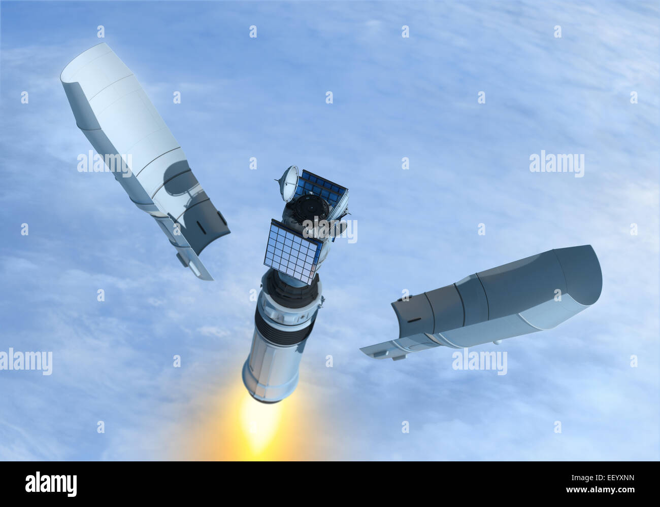 Satelliten und Raketen in den Raum. Stockfoto