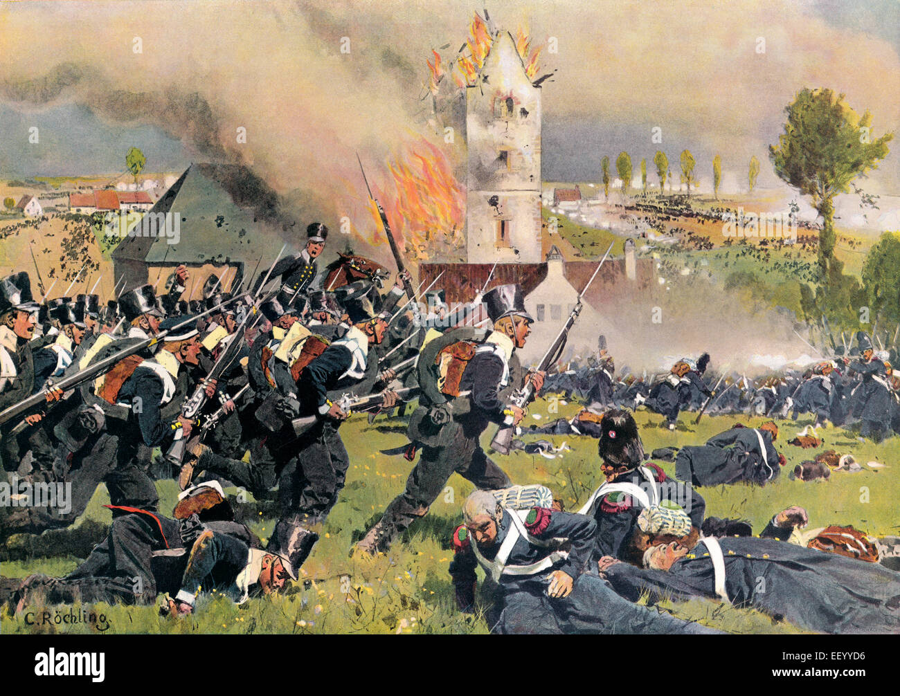 Preußische Truppen Angriff auf die Franzosen auf dem Friedhof von Plancenoit, Schlacht bei Waterloo, 18. Juni 1815, Napoleonische Kriege, Stockfoto