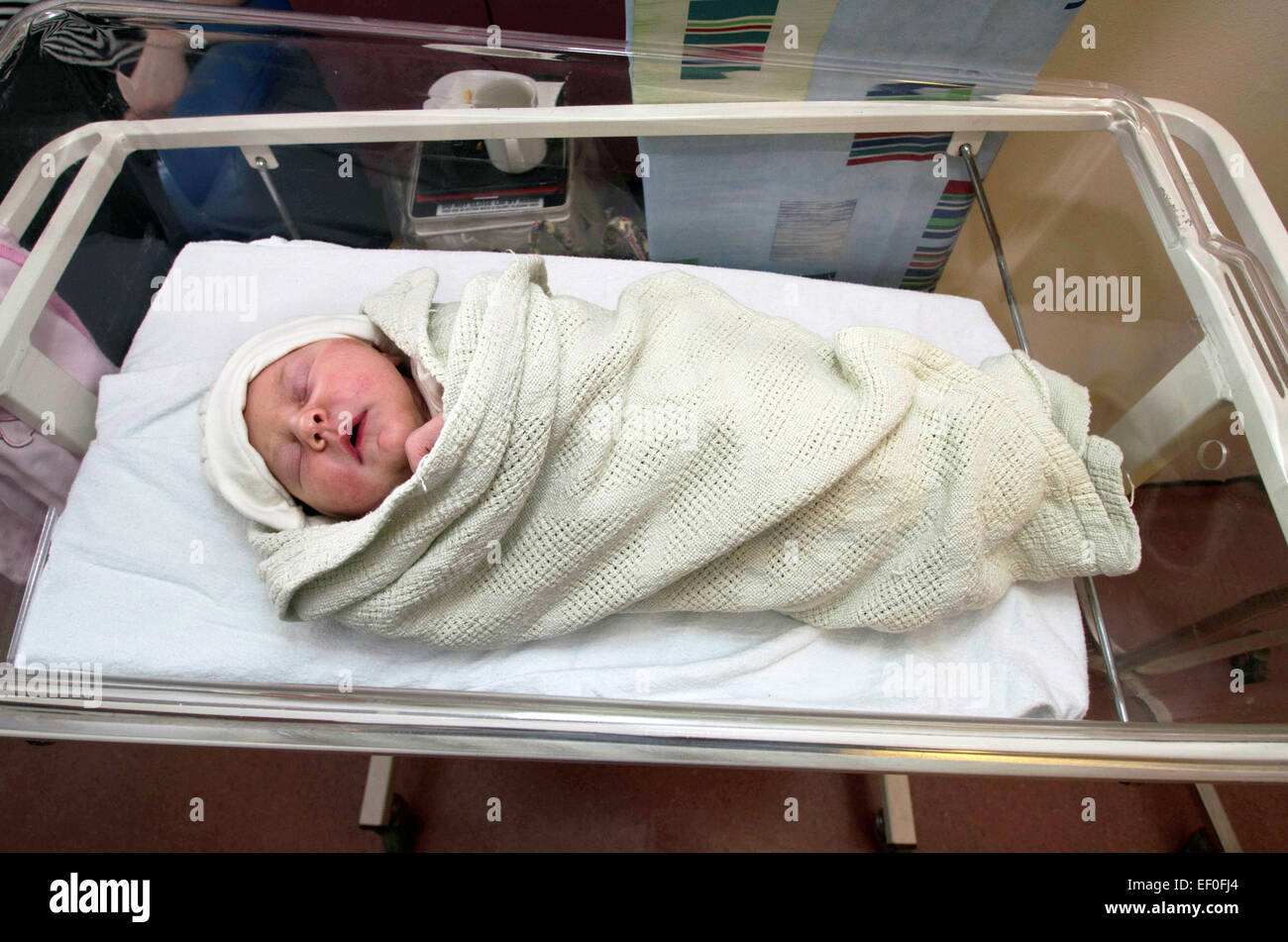 Ein neugeborenes Baby, eingewickelt in eine Decke schlafen im Kinderbett in Spitalabteilung. Stockfoto