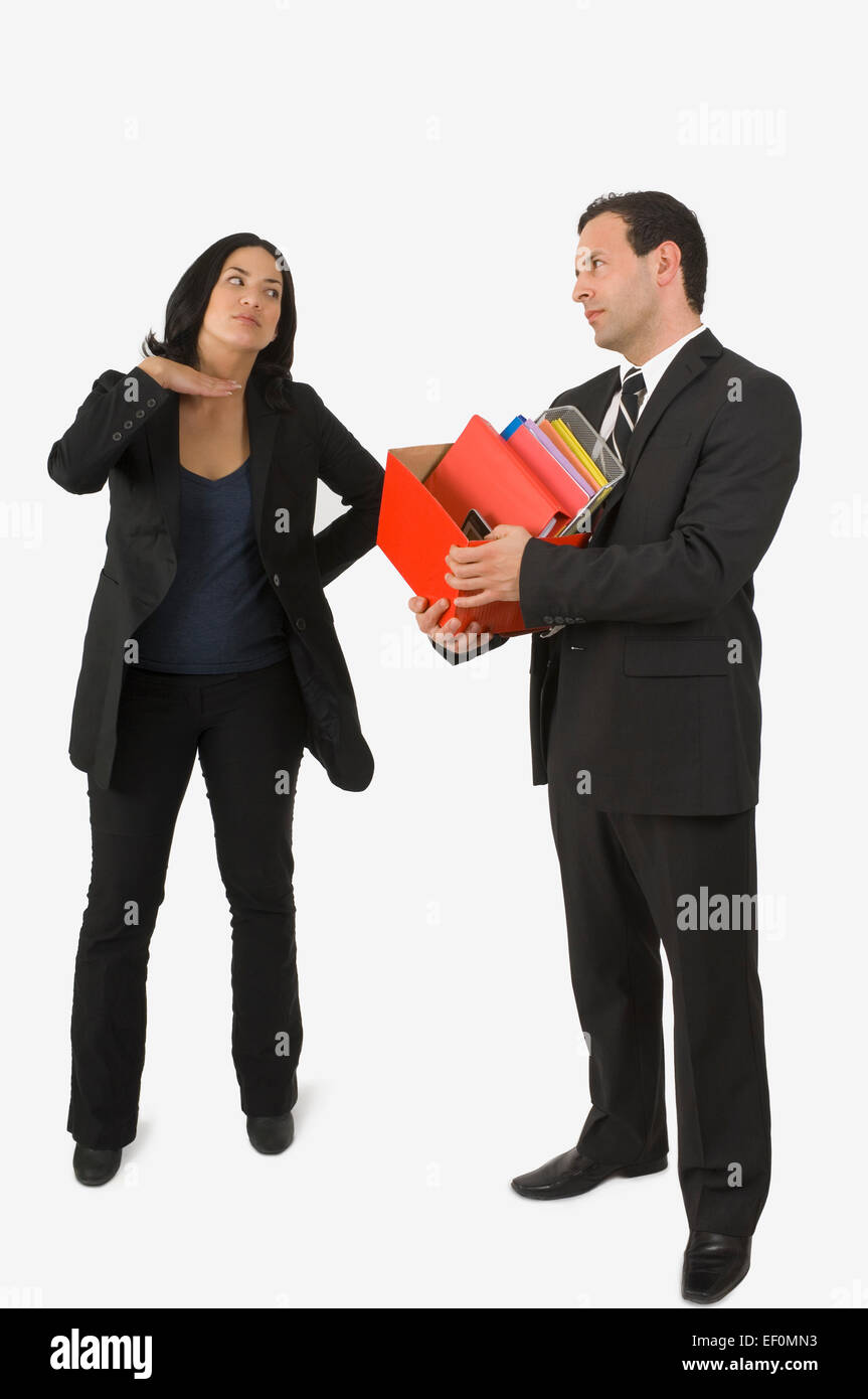 Satt, Geschäftsfrau, reden zu laid off Geschäftsmann Stockfoto