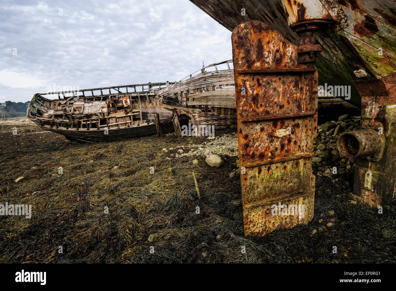 Rostige Ruder auf Schiffbruch, Camaret Sur Mer, Halbinsel Crozon, Finistere, Bretagne, Frankreich Stockfoto