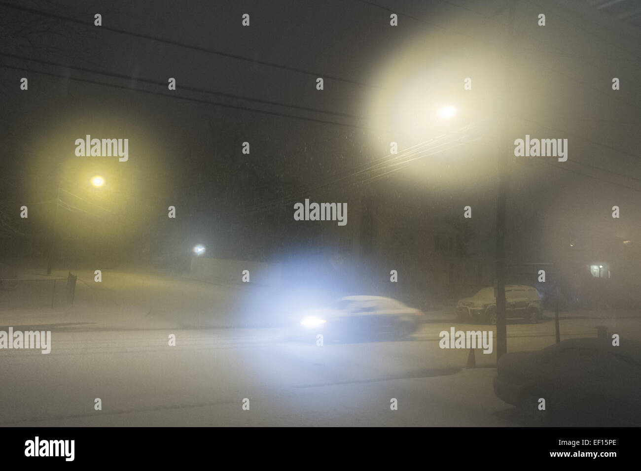 New York, USA. 24. Januar 2015. Eine verschneite Stadt Straße wird durch Straßenlaternen und die Scheinwerfer eines Autos Reisen während eines Schneefalls mitten in der Nacht, kurz nach 02:00, s Long Island, die unter einem Winter Wetter Advisory ist beleuchtet. 1-4 Zoll Schnee fallen könnte von 06:00. Die Temperaturen sind 33Âº Fahrenheit, 0.56Âº Celsius. © Ann Parry/ZUMA Draht/Alamy Live-Nachrichten Stockfoto