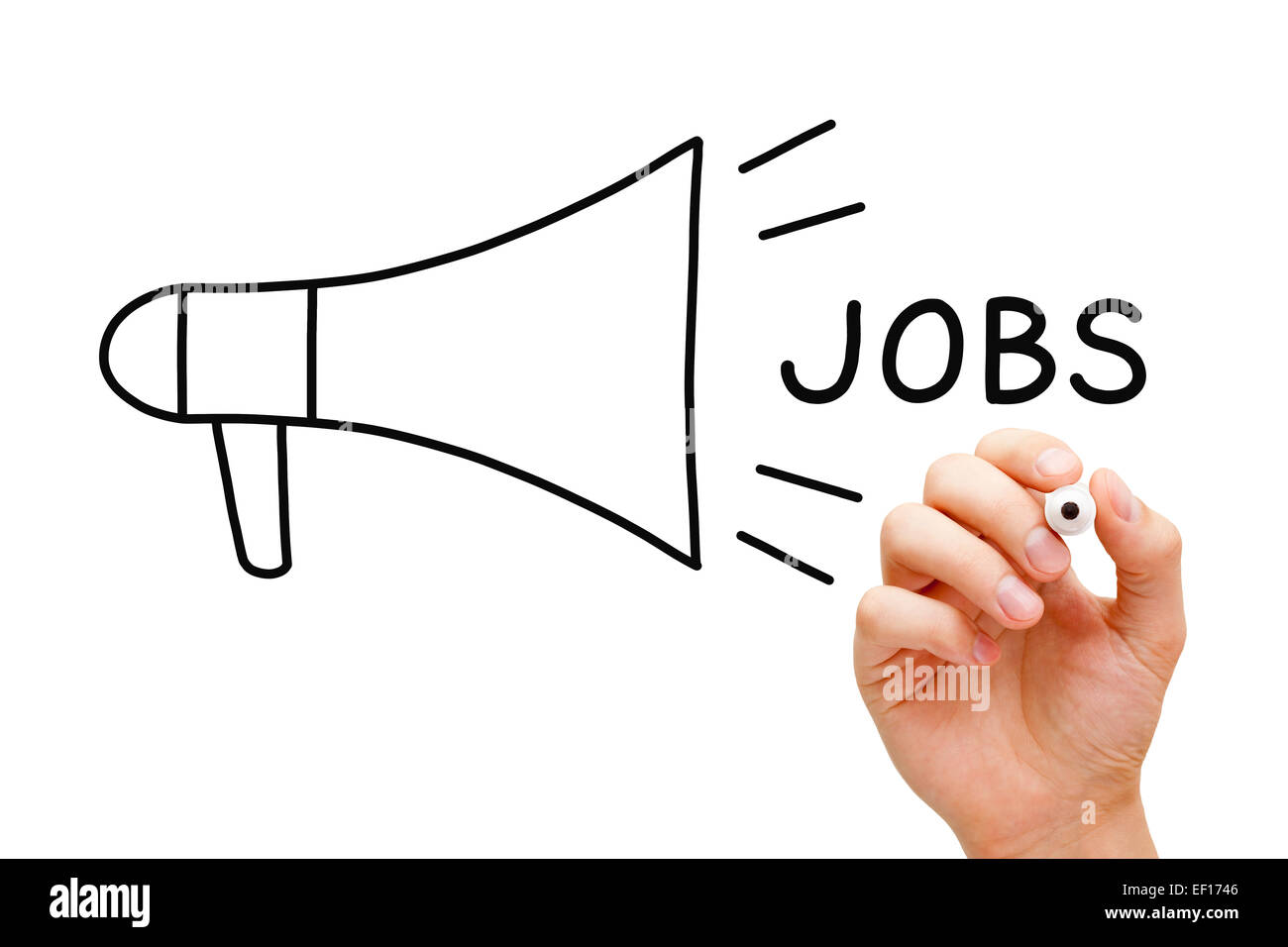 Hand-Zeichnung-Jobs Megaphon Konzept mit Markierung auf transparente wischen Board. Stockfoto