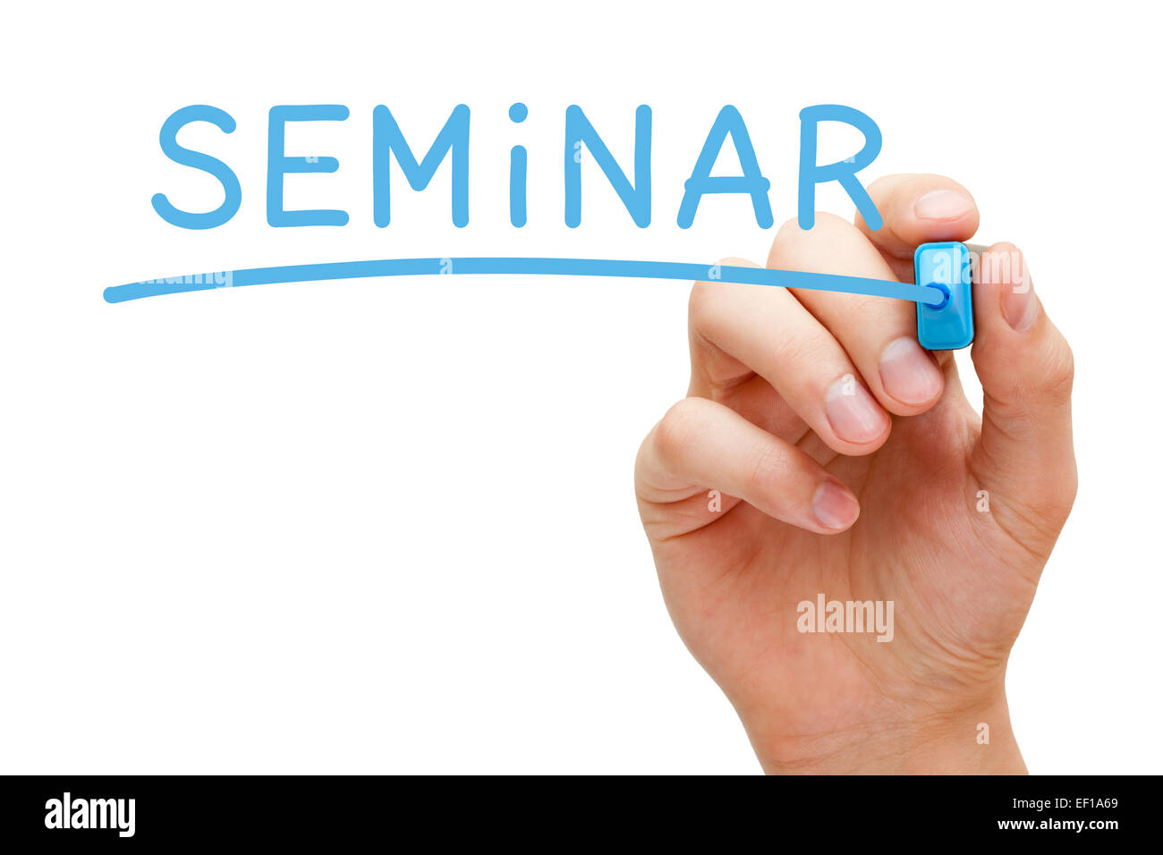 Handschrift Seminar mit blaue Markierung auf transparente wischen Board isoliert auf weiss. Stockfoto