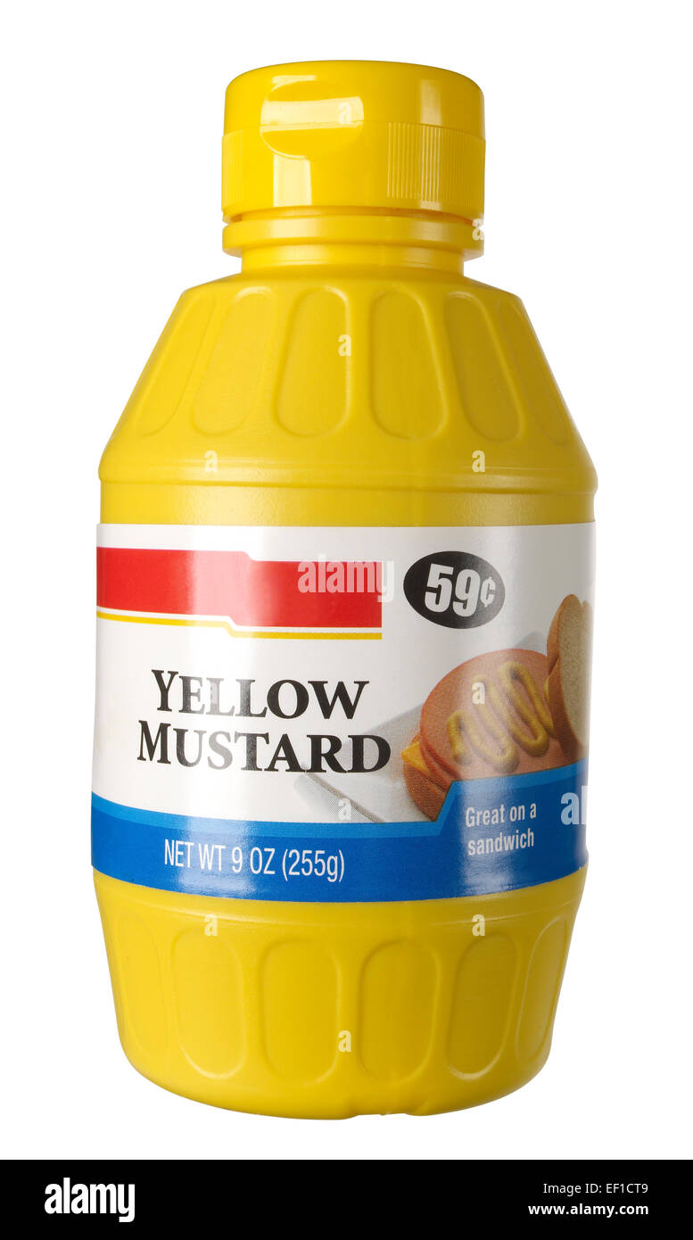 Kunststoff-Flasche Gelbsenf Stockfoto