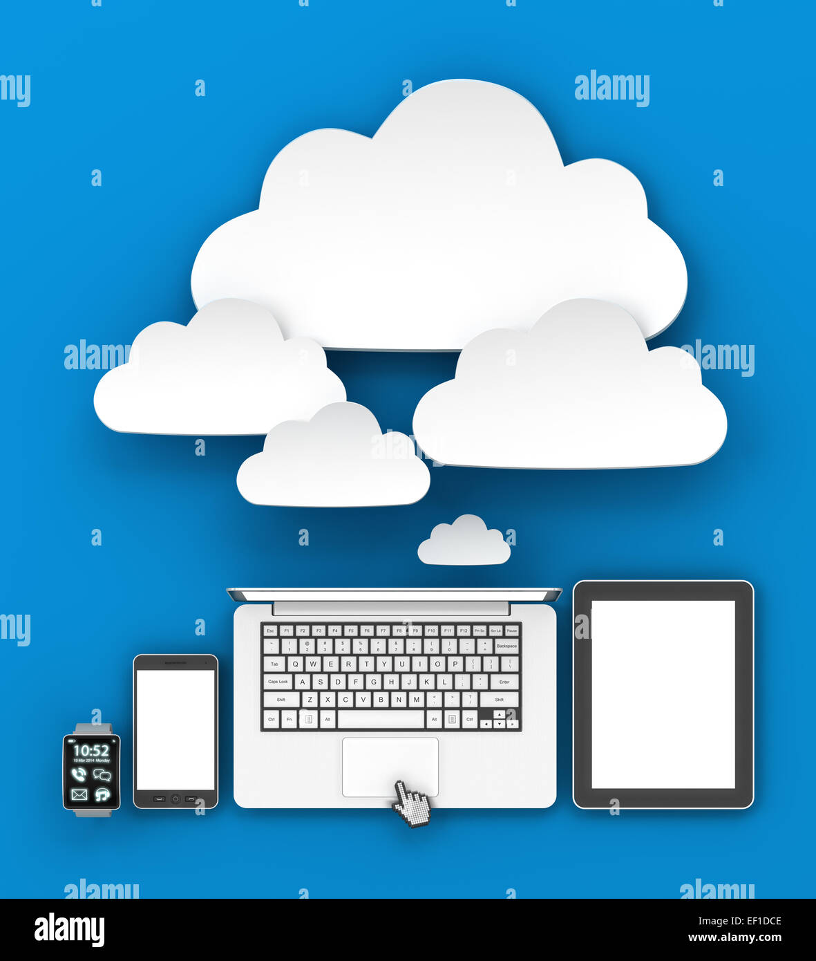 Gadgets, die Verbindung zur Cloud mit Exemplar, 3d Rendern Stockfoto