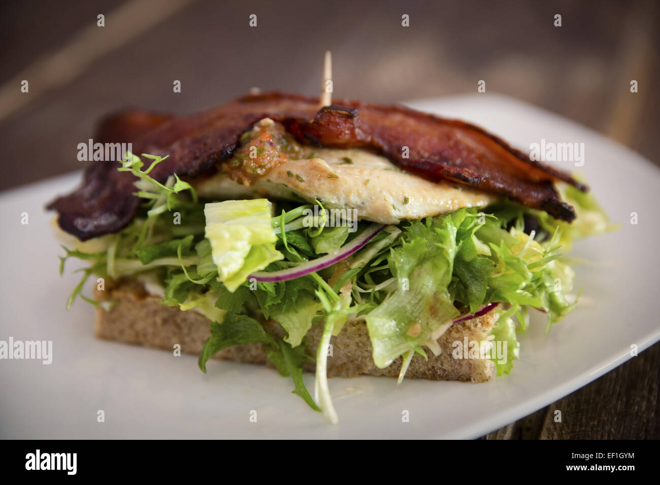 Frisches Sandwich mit Salat, Speck und Hähnchen Filet Stockfoto