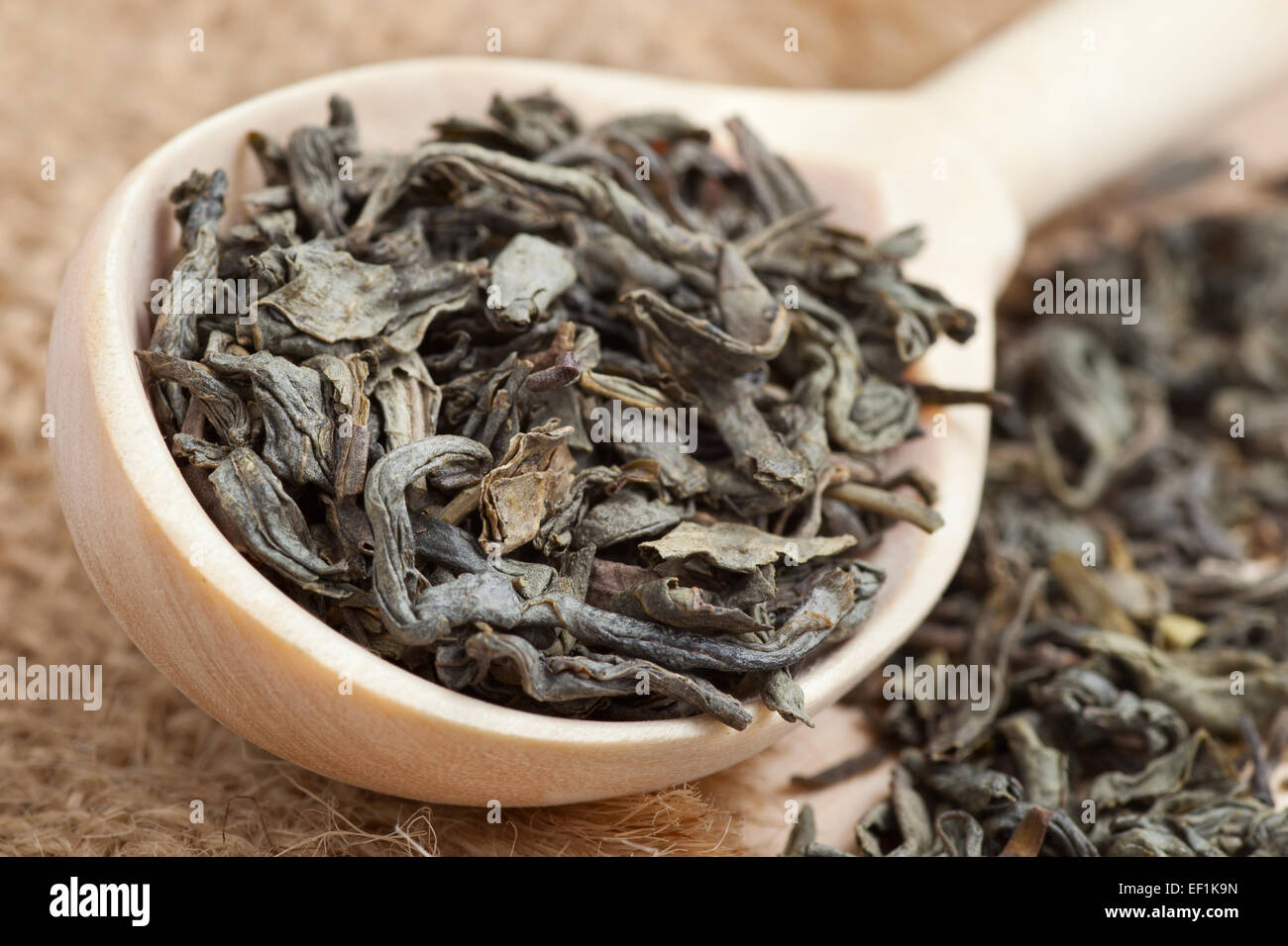 Grüner Tee in der Holzlöffel und Teeblätter Stockfoto