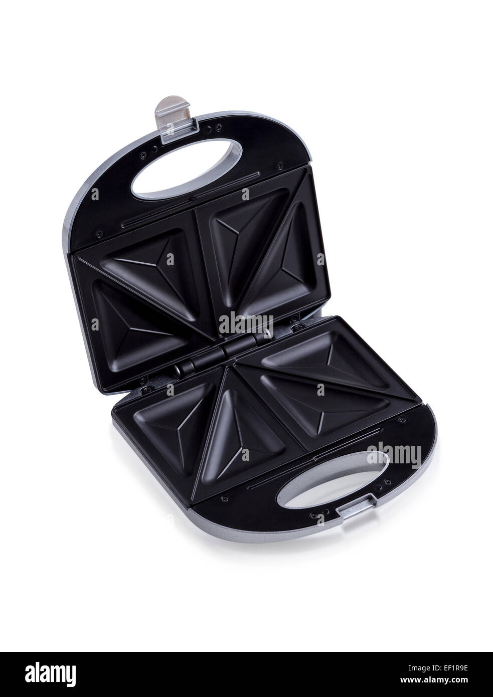 Eröffnete elektrische Sandwich Maker Maschine auf weißem Hintergrund Stockfoto
