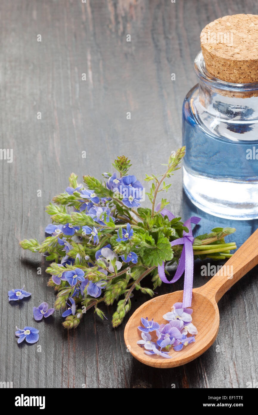 ätherisches Öl, Holzlöffel und heilende Blumen auf Tisch Stockfoto