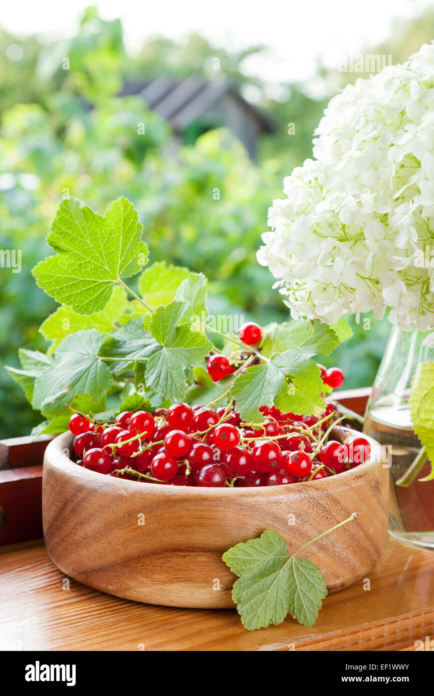 Reife rote Johannisbeeren in Holzschale und Bouquet von weißen Garten Blumen auf der Fensterbank Stockfoto