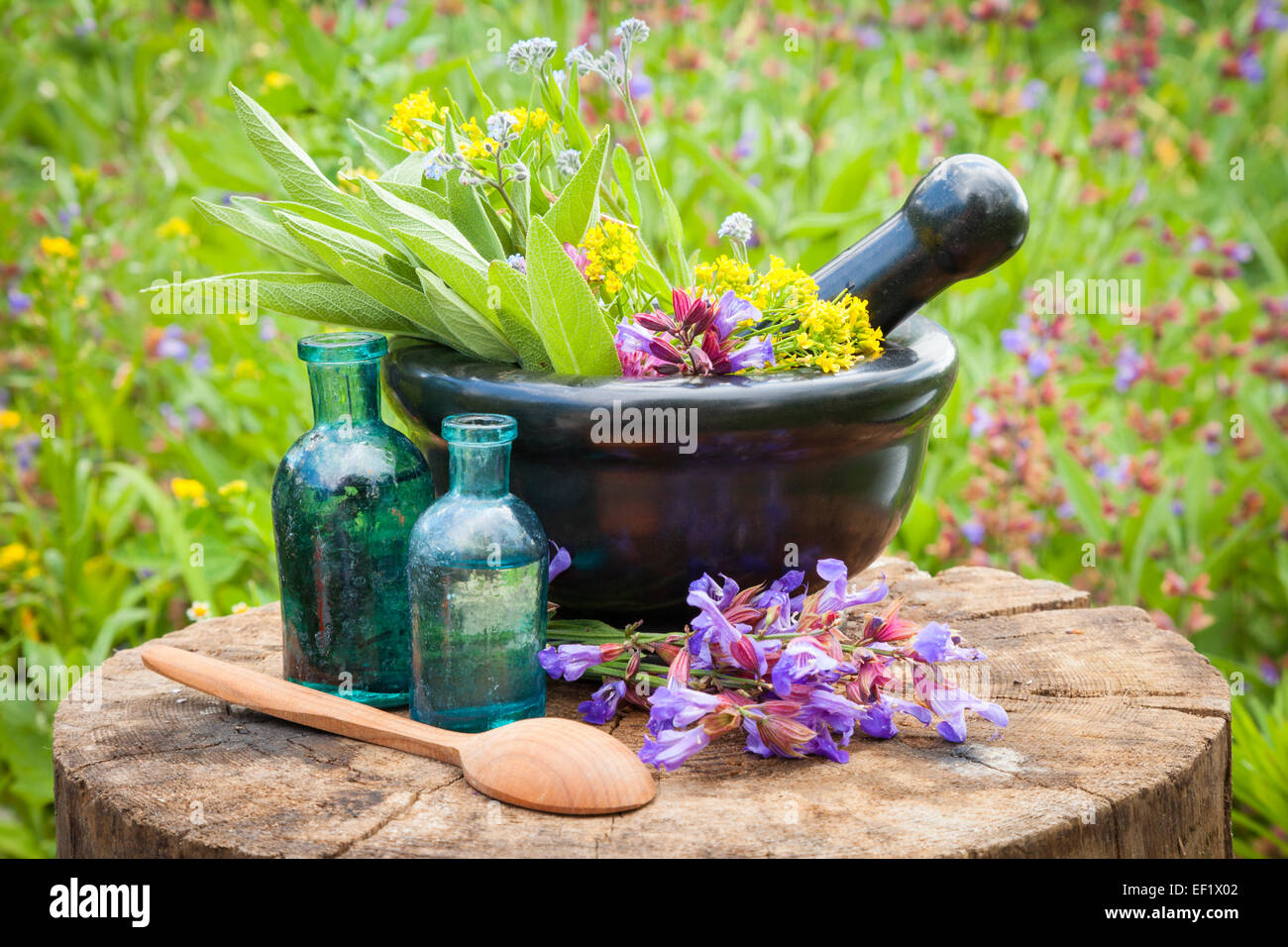 schwarzer Mörtel mit Heilkräutern und Salbei, Glasflasche ätherisches Öl im freien Stockfoto