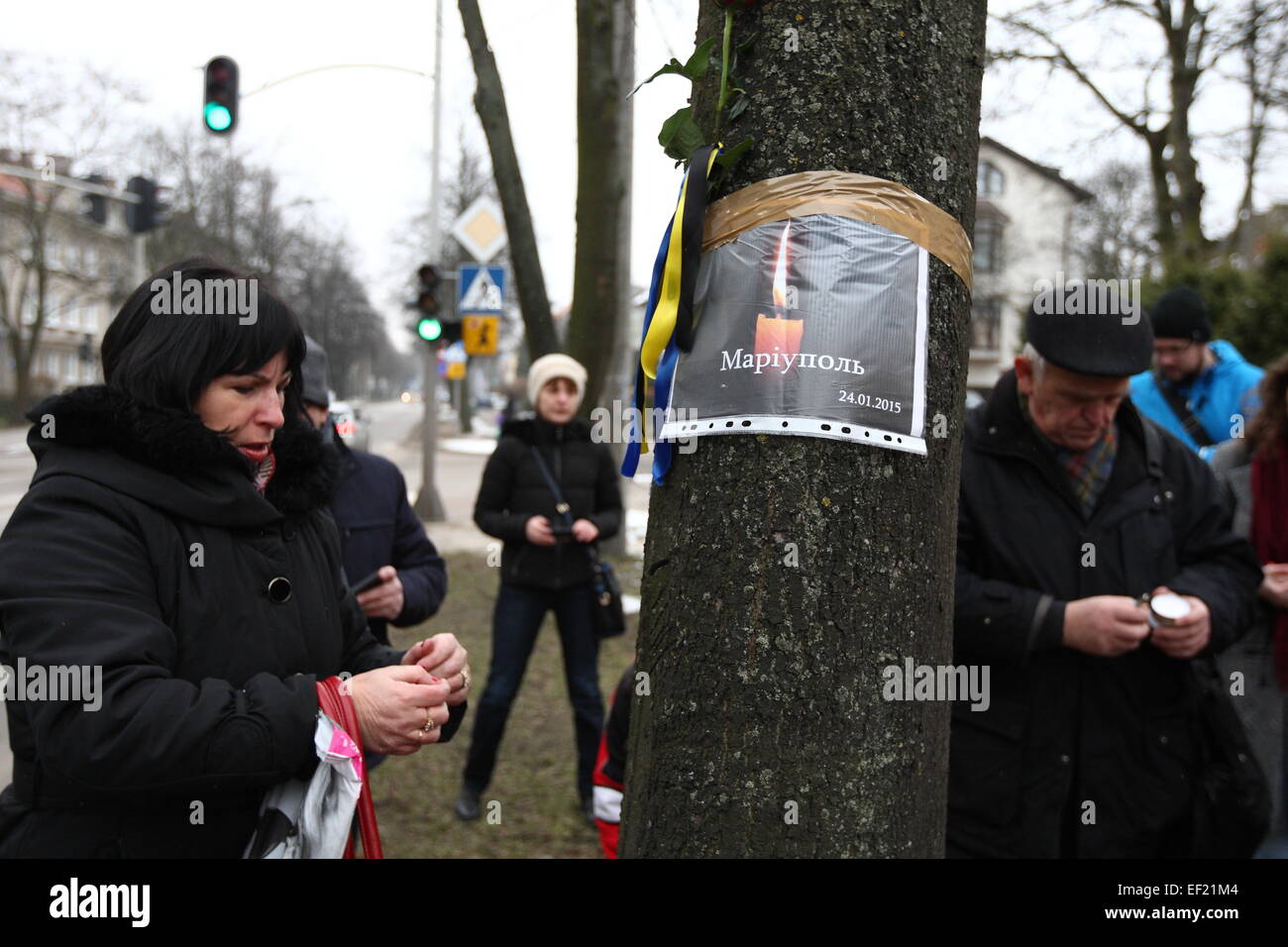 Danzig, Polen. 25. Januar 2015. Ukrainischen Konsulat in Gdansk. Ukrainer Leben in Danzig rally, um Bürger von Mariupol in der Ostukraine, nach dem pro-russischen Separatisten Artillerie Angriff 30 Menschen töten zu unterstützen. Bildnachweis: Michal Fludra/Alamy Live-Nachrichten Stockfoto