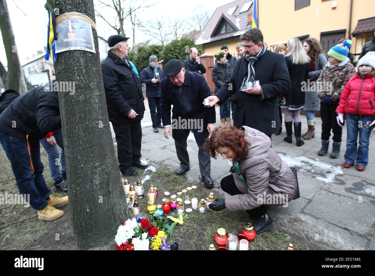 Danzig, Polen. 25. Januar 2015. Ukrainischen Konsulat in Gdansk. Ukrainer Leben in Danzig rally, um Bürger von Mariupol in der Ostukraine, nach dem pro-russischen Separatisten Artillerie Angriff 30 Menschen töten zu unterstützen. Bildnachweis: Michal Fludra/Alamy Live-Nachrichten Stockfoto