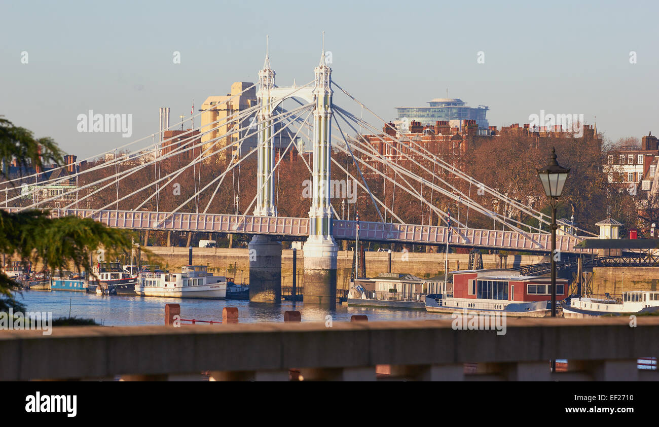 Hausboote und Lastkähne festgemacht entlang der Themse von Grad II aufgeführten Albert Bridge London England Europa Stockfoto