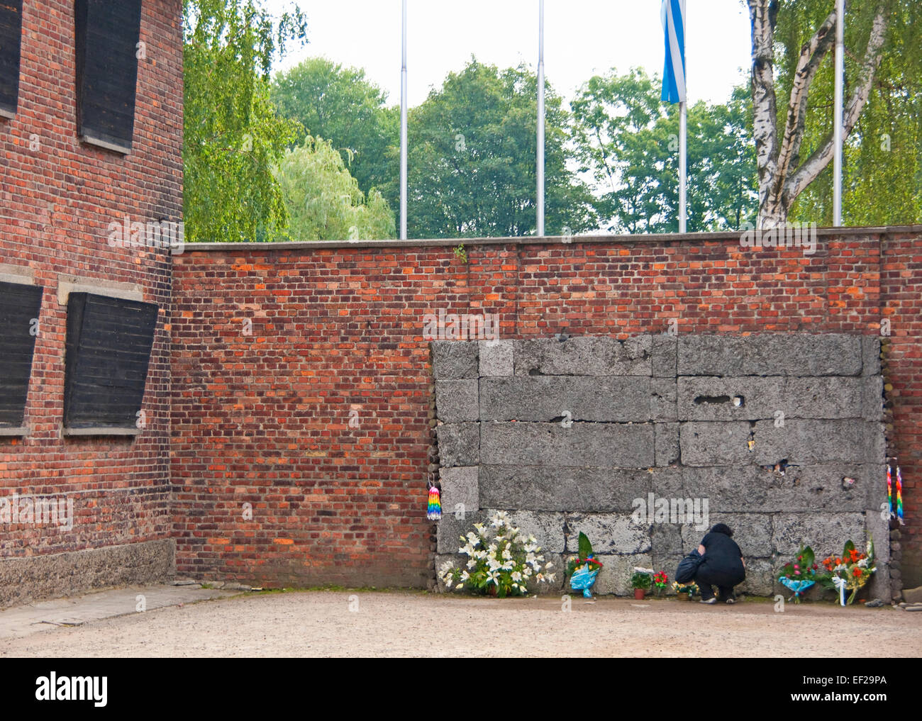 Wand zum Erschießungskommando Hinrichtungen im KZ Auschwitz im staatlichen Museum Auschwitz-Birkenau Memorial-Kaserne. Stockfoto