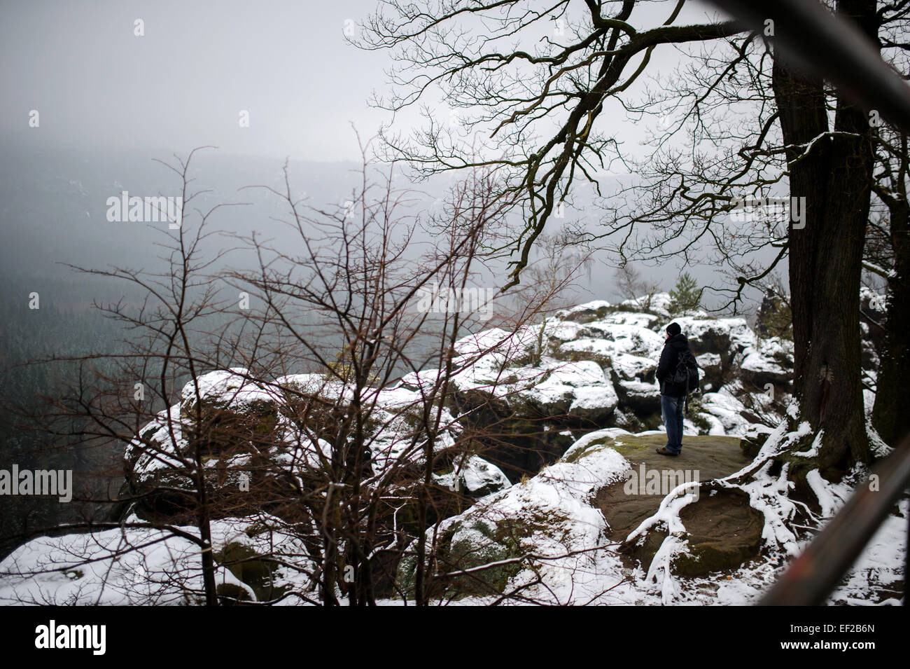 Bad Schandau, Deutschland. 22. Januar 2015. Ein Wanderer steht auf einem Felsplateau im Nationalpark Sächsische Schweiz in Bad Schandau, Deutschland, 22. Januar 2015. Foto: Thomas Eisenhuth - NO-Draht-SERVICE-/ Dpa/Alamy Live News Stockfoto