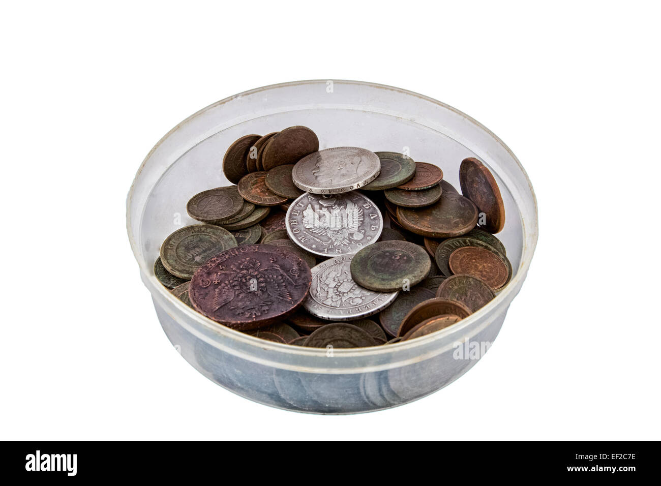 Schüssel mit alten Münzen des russischen Reiches Stockfoto
