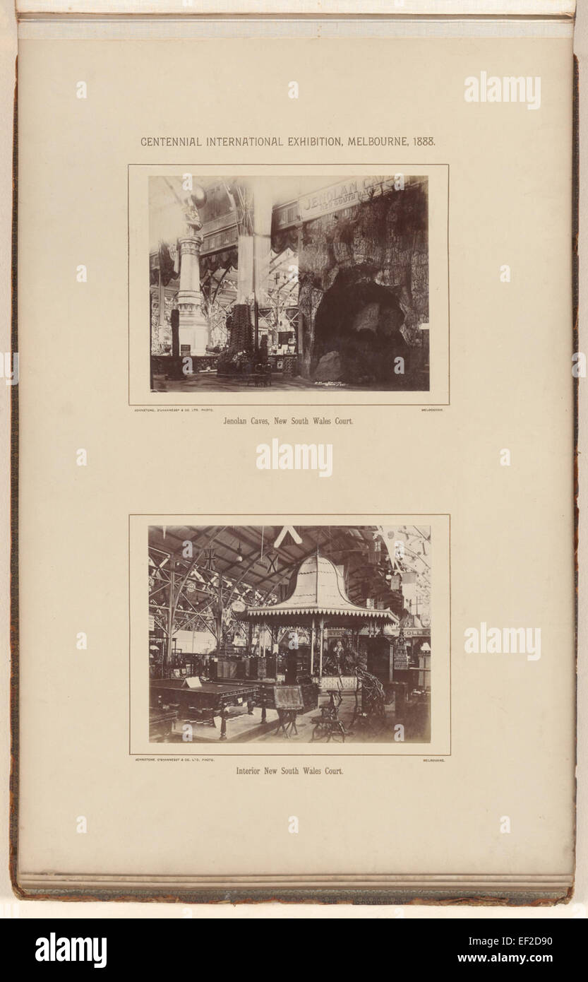 Die Centennial International Exhibition 1888 in Melbourne zeigte verschiedene Ausstellungen, darunter eine Darstellung der Jenolan Caves und des New South Wales Court. Dieses Bild fängt die historische Bedeutung der Ausstellung und die Präsentation des australischen Erbes ein. Stockfoto