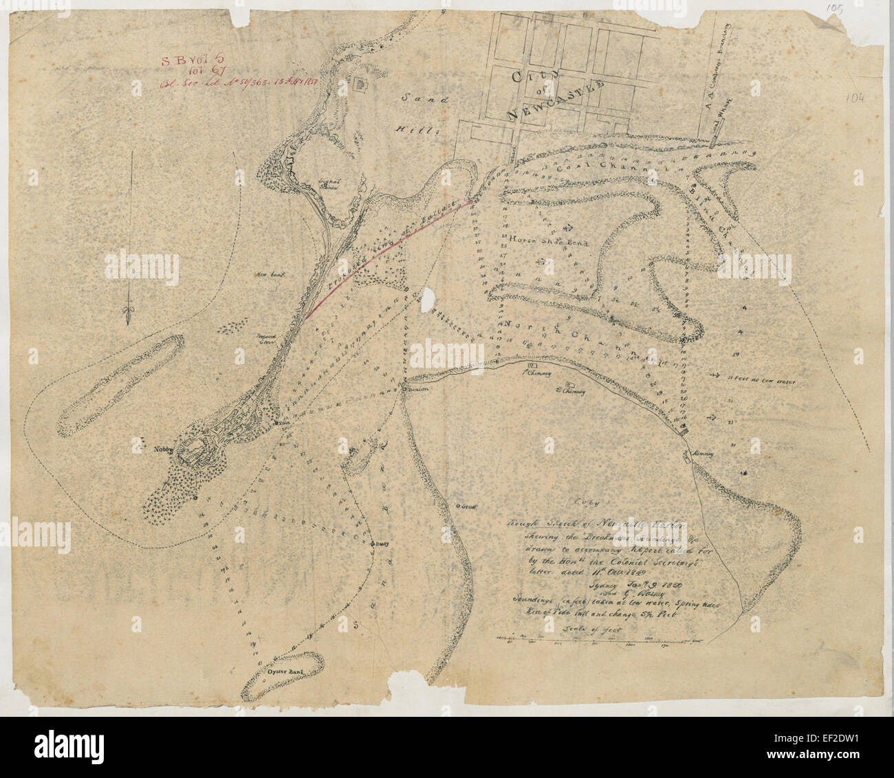 Newcastle - grobe Skizze von Newcastle Hafen deutete Wellenbrecher und Umgebung Stockfoto