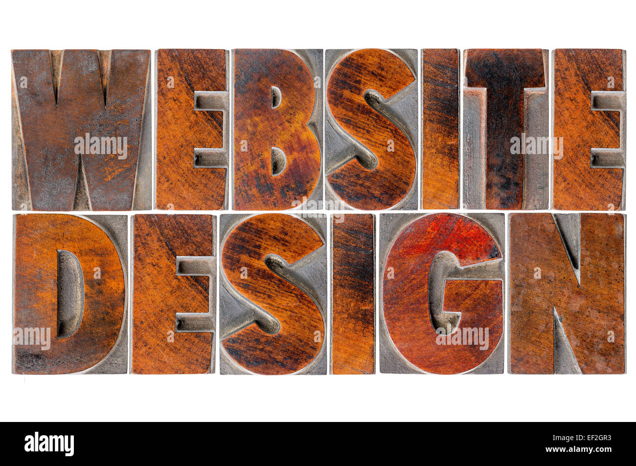 Website-Design - isolierten Text in antikem Holz Buchdruck Druckstöcke mit Tinte patina Stockfoto