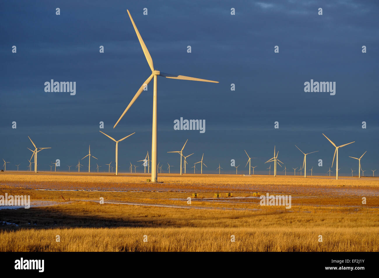 Ein Windpark in Ost-Colorado bei Sonnenuntergang. Stockfoto