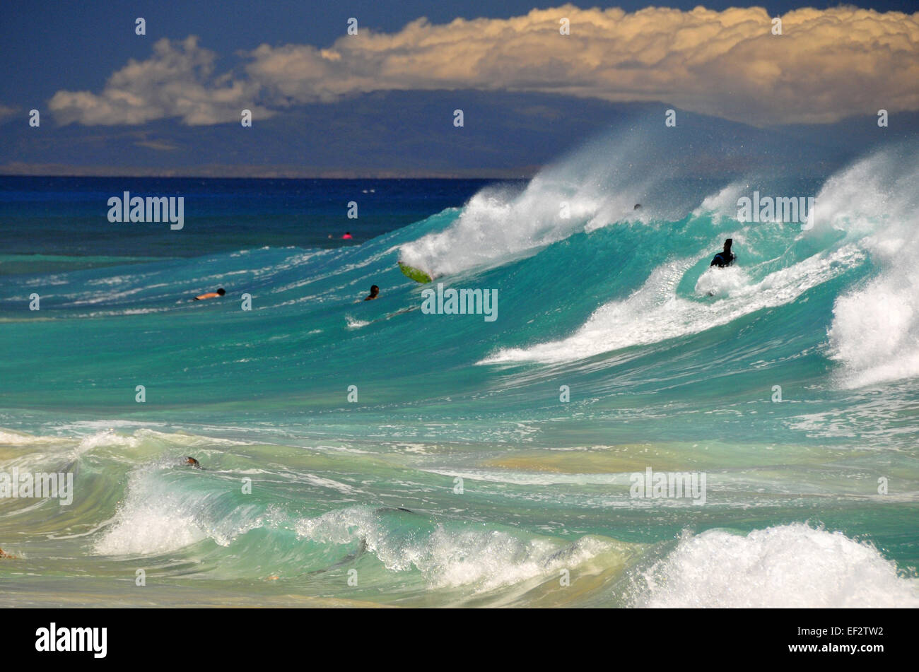 Riesige Wellen am Sandstrand, Oahu, Hawaii Stockfoto