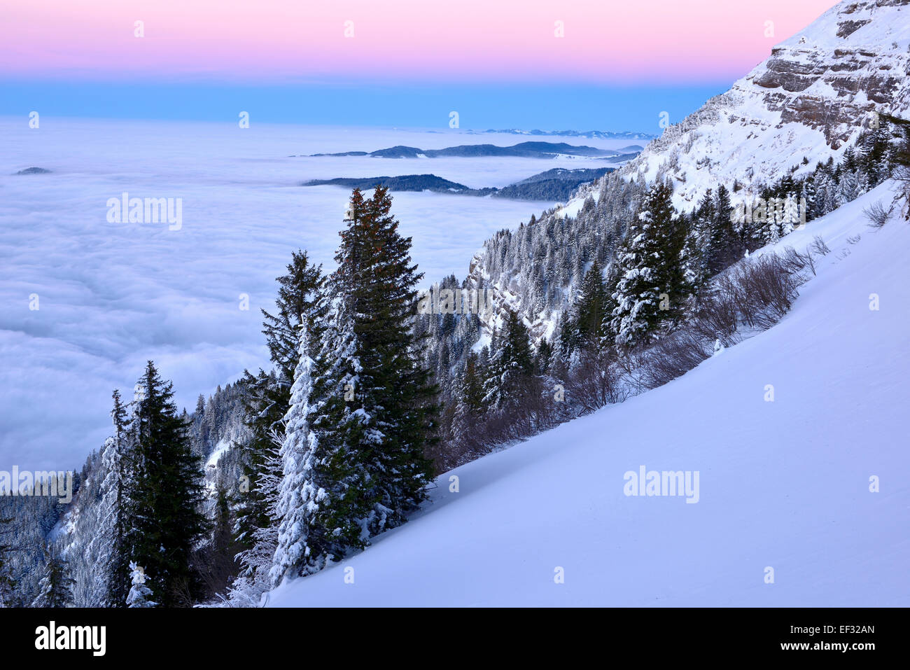Verschneite Winterlandschaft mit Blick auf Mt Zugerberg, Rigi Kulm, Kanton Schwyz, Schweiz Stockfoto