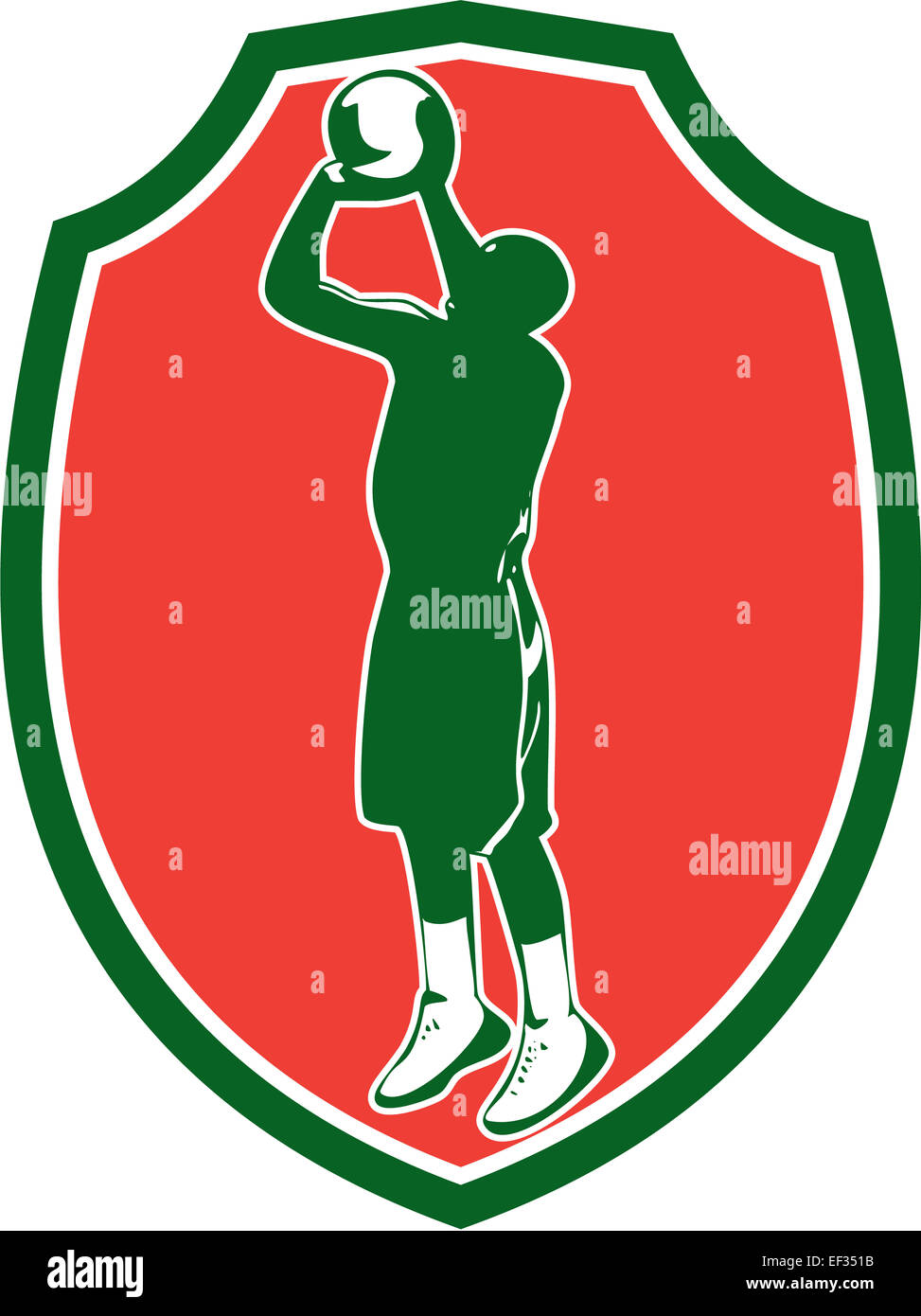 Beispiel für einen Basketball-Spieler Sprungwurf Jumper schießen springen Satz innen Schild Wappen auf isoliert Hintergrund getan im retro-Stil. Stockfoto