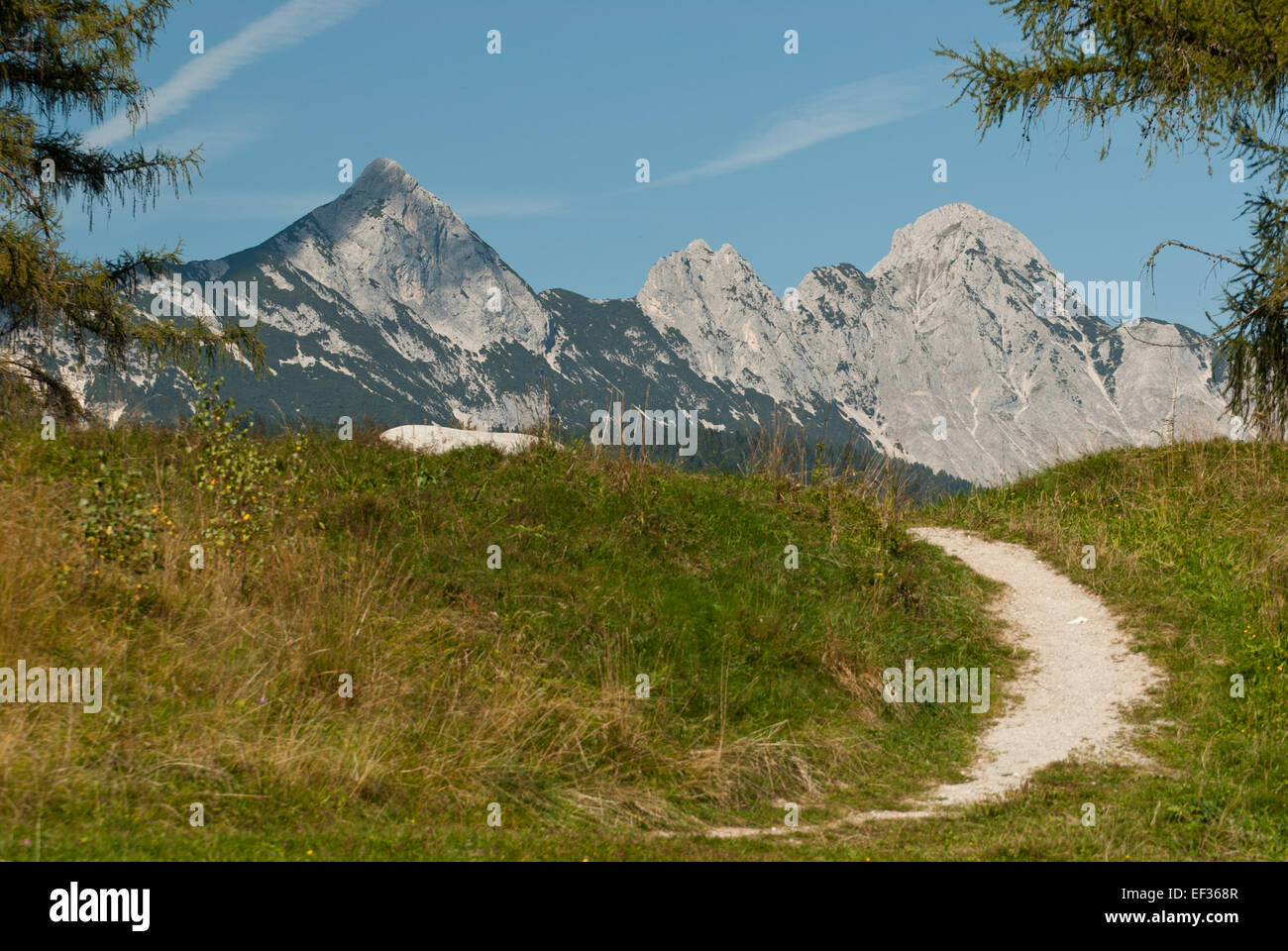 Arnspitzgruppe bei Seefeld, Österreich, ein Gebirgszug in den Nördlichen Kalkalpen, mit Panoramablick und beliebten Wanderrouten Stockfoto