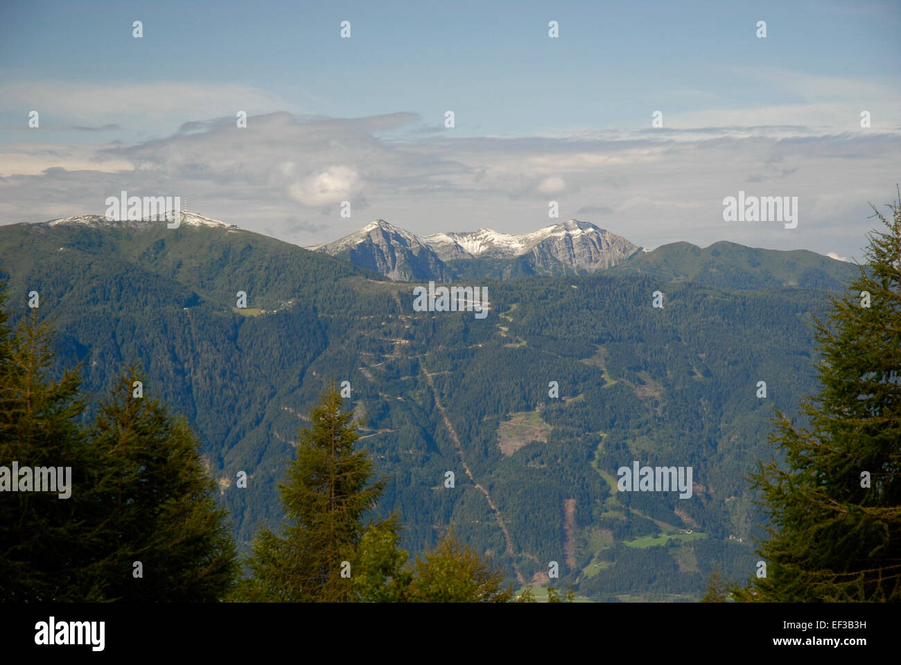 Latschurgruppe von Nordosten aus gesehen, Teil der südlichen Kalkalpen in Österreich. Bekannt für zerklüftetes Gelände, alpine Wiesen und dramatische Klippen, bietet es Panoramablick und ist beliebt für Wanderungen und Bergsteigen. Stockfoto