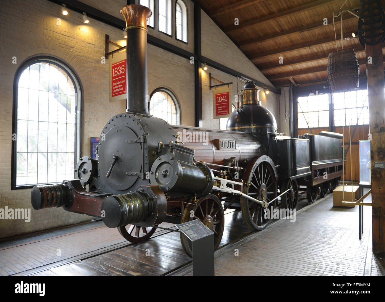 Beuth. 2-2-2-Dampf Lok Fabrikat Borsinger, zuerst im Jahre 1843 geliefert. Deutschland. Deutschen Technikmuseum. Berlin. Deutschland. Stockfoto