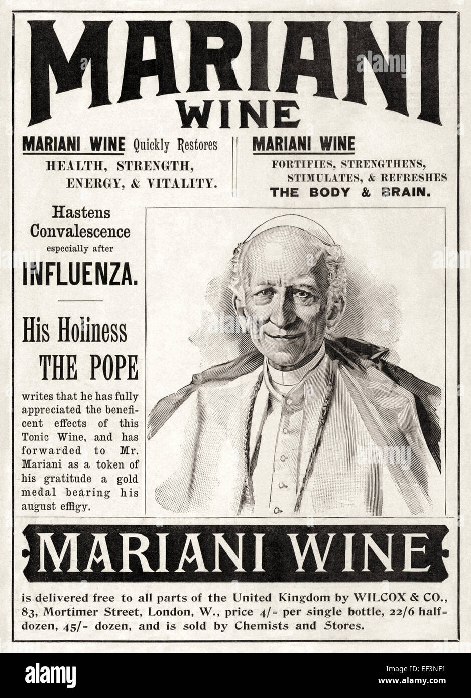 "Mariani-Wein" (aka "Vin Mariani") Printwerbung mit der Produkt-Empfehlung von Papst Leo XIII. Siehe Beschreibung für mehr Informationen. Stockfoto