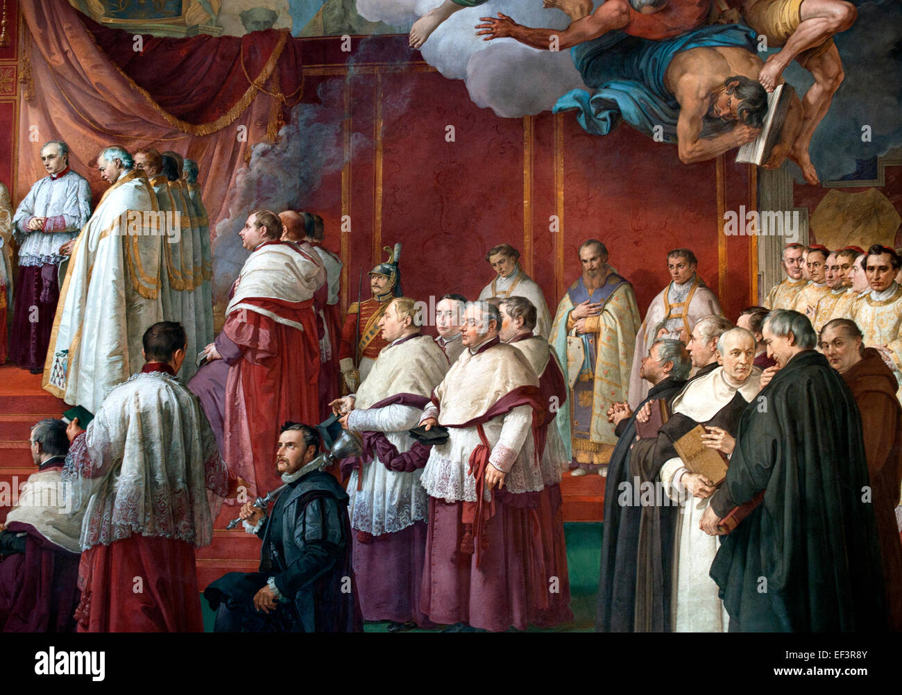 Das Zimmer von der Unbefleckten Empfängnis wurde von Papst Pius IX. nach der Verkündung des Dogmas von der Unbefleckten Empfängnis 1854 Maler Francesco Podesti 1800 – 1895 Fresko päpstlichen Gemächer Vatikan Rom Italien (Detail) beauftragt. Stockfoto