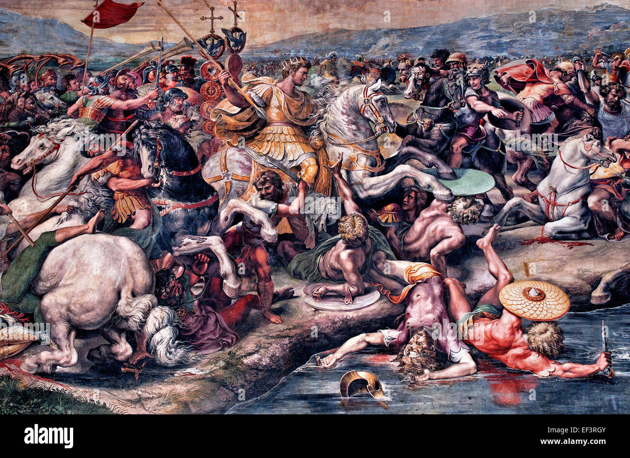 Detail aus der Schlacht an der Milvischen Brücke 1517-1524 von Giulio Romano Assistent Raphael gemalt (die Schlacht an der Milvischen Brücke nahm Platz zwischen dem römischen Kaiser Constantine I und Maxentius am 28 Oktober 312.) Stanzen des Raffael (Tanze di Raffaello) Raffaello Sanzio da Urbino 1483 – 1520 fresco päpstlichen Gemächer Vatikan Rom Italien Stockfoto